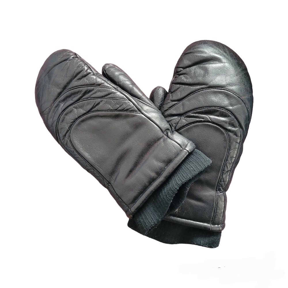 Vintage black leather winter mittens